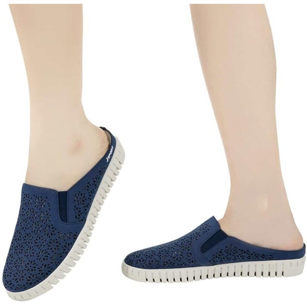 Jsport Floral Slip On Mule Women's 9M Navy Blue Perforated Comfort Shoes Pull On